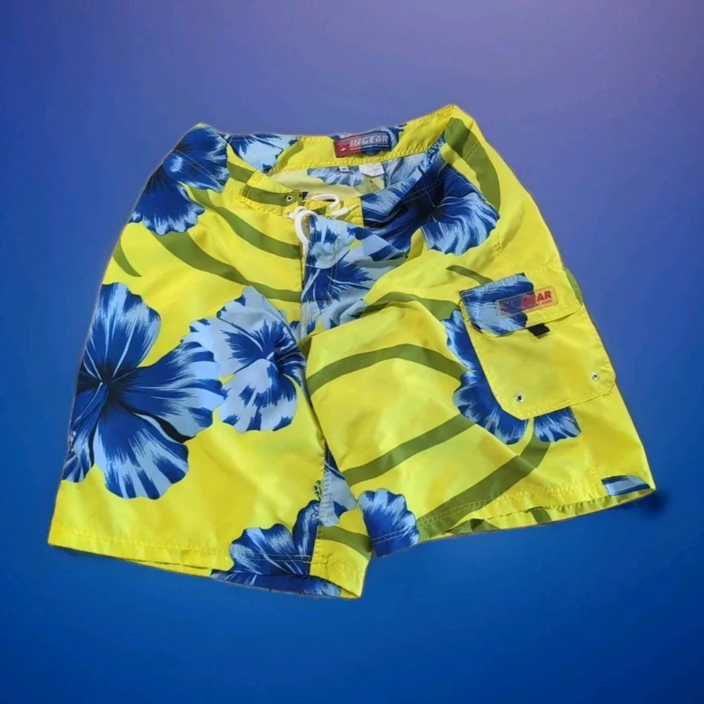 Mens Ingear Swim Yellow Floral  Blue Swim Shorts Trunks New XL Youth Small Men's